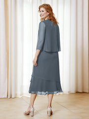 Robe en Mousseline Longueur de Mollet avec Veste Bleu de Schiste Grande Taille