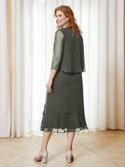 Robe en Mousseline Longueur de Mollet avec Veste Gris Acier Grande Taille