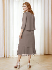 Robe en Mousseline Longueur de Mollet avec Veste Taupe