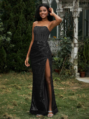 Robe Fourreau en Paillettes avec Déco Strass et Fente Noir