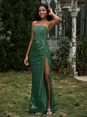 Robe Fourreau en Paillettes avec Déco Strass et Fente Vert Foncé