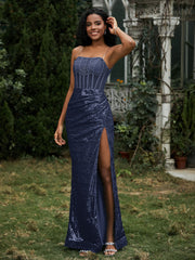 Robe Fourreau en Paillettes avec Déco Strass et Fente Bleu Marine Grande Taille