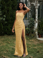 Robe Fourreau en Paillettes avec Déco Strass et Fente Or