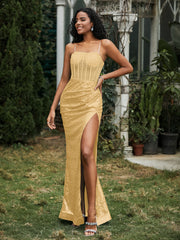Robe Fourreau en Paillettes avec Déco Strass et Fente Or Grande Taille