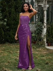 Robe Fourreau en Paillettes avec Déco Strass et Fente Raisin Grande Taille