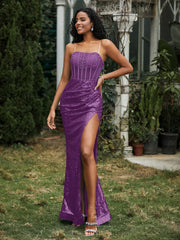 Robe Fourreau en Paillettes avec Déco Strass et Fente Raisin Grande Taille