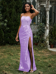 Robe Fourreau en Paillettes avec Déco Strass et Fente Lilas Grande Taille