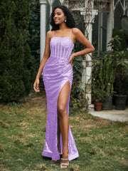 Robe Fourreau en Paillettes avec Déco Strass et Fente Lilas