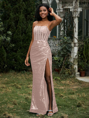 Robe Fourreau en Paillettes avec Déco Strass et Fente Or Métallique Grande Taille