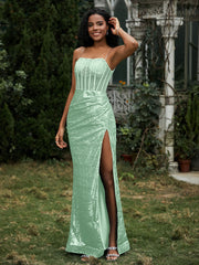 Robe Fourreau en Paillettes avec Déco Strass et Fente Vert Menthe