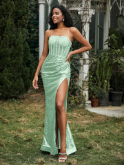 Robe Fourreau en Paillettes avec Déco Strass et Fente Vert Menthe Grande Taille