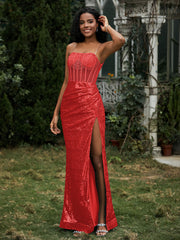 Robe Fourreau en Paillettes avec Déco Strass et Fente Rouge Grande Taille