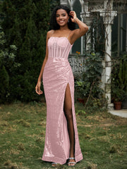 Robe Fourreau en Paillettes avec Déco Strass et Fente Or Rose Grande Taille