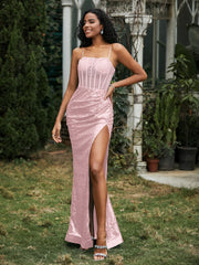 Robe Fourreau en Paillettes avec Déco Strass et Fente Or Rose