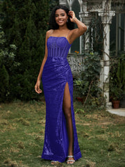 Robe Fourreau en Paillettes avec Déco Strass et Fente Bleu Royale Grande Taille