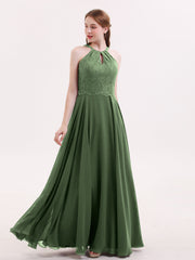 Dentelle et Mousseline Licou Robe avec Dos Nu Olive Verte Grande Taille