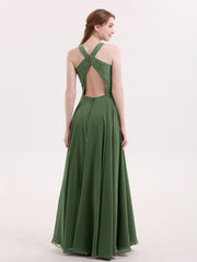 Dentelle et Mousseline Licou Robe avec Dos Nu Olive Verte Grande Taille