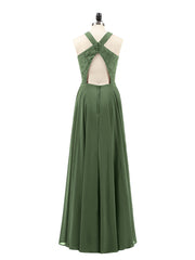 Dentelle et Mousseline Licou Robe avec Dos Nu Olive Verte