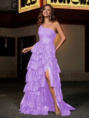 Robe de Soirée de A-ligne à Une Épaule en Tulle avec Traîne Balayage Lilas