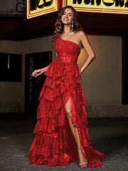 Robe de Soirée de A-ligne à Une Épaule en Tulle avec Traîne Balayage Rouge Grande Taille