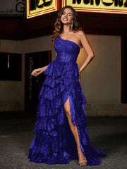 Robe de Soirée de A-ligne à Une Épaule en Tulle avec Traîne Balayage Bleu Royale Grande Taille