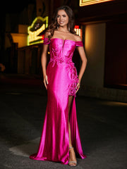 Robe de Soirée en Satin Sirène à Hors de l'Épaule avec Traîne Balayage Azalée Grande Taille