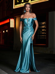 Robe de Soirée en Satin Sirène à Hors de l'Épaule avec Traîne Balayage Jade Grande Taille