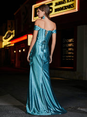 Robe de Soirée en Satin Sirène à Hors de l'Épaule avec Traîne Balayage Jade