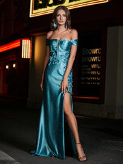 Robe de Soirée en Satin Sirène à Hors de l'Épaule avec Traîne Balayage Jade Grande Taille