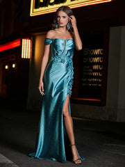 Robe de Soirée en Satin Sirène à Hors de l'Épaule avec Traîne Balayage Jade Grande Taille