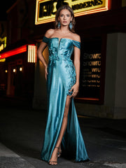Robe de Soirée en Satin Sirène à Hors de l'Épaule avec Traîne Balayage Jade Grande Taille