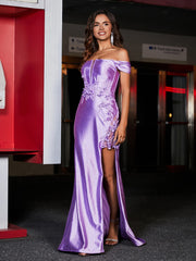 Robe de Soirée en Satin Sirène à Hors de l'Épaule avec Traîne Balayage Lilas Grande Taille