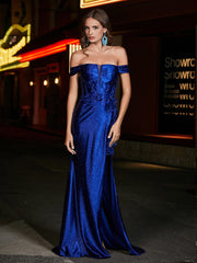 Robe de Soirée en Satin Sirène à Hors de l'Épaule avec Traîne Balayage Bleu Marine Clair Grande Taille