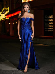 Robe de Soirée en Satin Sirène à Hors de l'Épaule avec Traîne Balayage Bleu Marine Clair