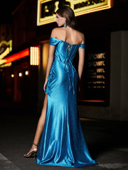 Robe de Soirée en Satin Sirène à Hors de l'Épaule avec Traîne Balayage Bleu Océan