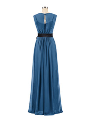 FAUX-Wrap Mousseline Robe avec Ceinture Noire Bleu Encre Grande Taille
