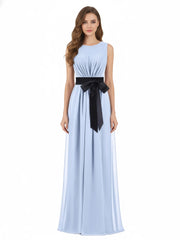 FAUX-Wrap Mousseline Robe avec Ceinture Noire Bleu Ciel