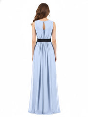 FAUX-Wrap Mousseline Robe avec Ceinture Noire Bleu Ciel