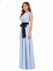 FAUX-Wrap Mousseline Robe avec Ceinture Noire Bleu Ciel