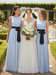 FAUX-Wrap Mousseline Robe avec Ceinture Noire Bleu Ciel