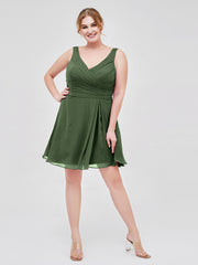 Col en V Mousseline Robe Courte pour Demoiselles d'honneur Olive Verte