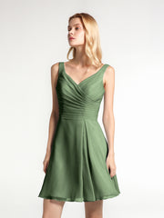 Col en V Mousseline Robe Courte pour Demoiselles d'honneur Olive Verte
