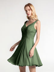 Col en V Mousseline Robe Courte pour Demoiselles d'honneur Olive Verte