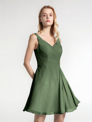 Col en V Mousseline Robe Courte pour Demoiselles d'honneur Olive Verte