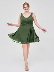 Col en V Mousseline Robe Courte pour Demoiselles d'honneur Olive Verte Grande Taille