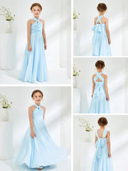 Robes de Demoiselle d'Honneur Junior A-ligne Sans Manches à Col Licou Bleu Ciel
