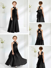 Robes de Demoiselle d'Honneur Junior A-ligne Sans Manches à Col Licou Noir