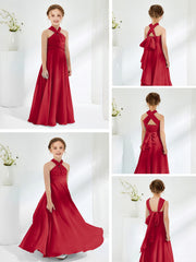 Robes de Demoiselle d'Honneur Junior A-ligne Sans Manches à Col Licou Bordeaux