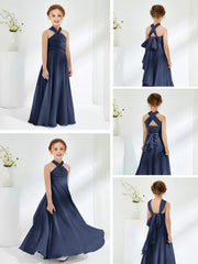 Robes de Demoiselle d'Honneur Junior A-ligne Sans Manches à Col Licou Bleu Marine
