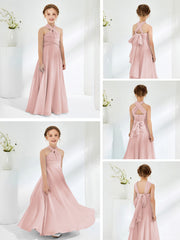 Robes de Demoiselle d'Honneur Junior A-ligne Sans Manches à Col Licou Rose Poudré
